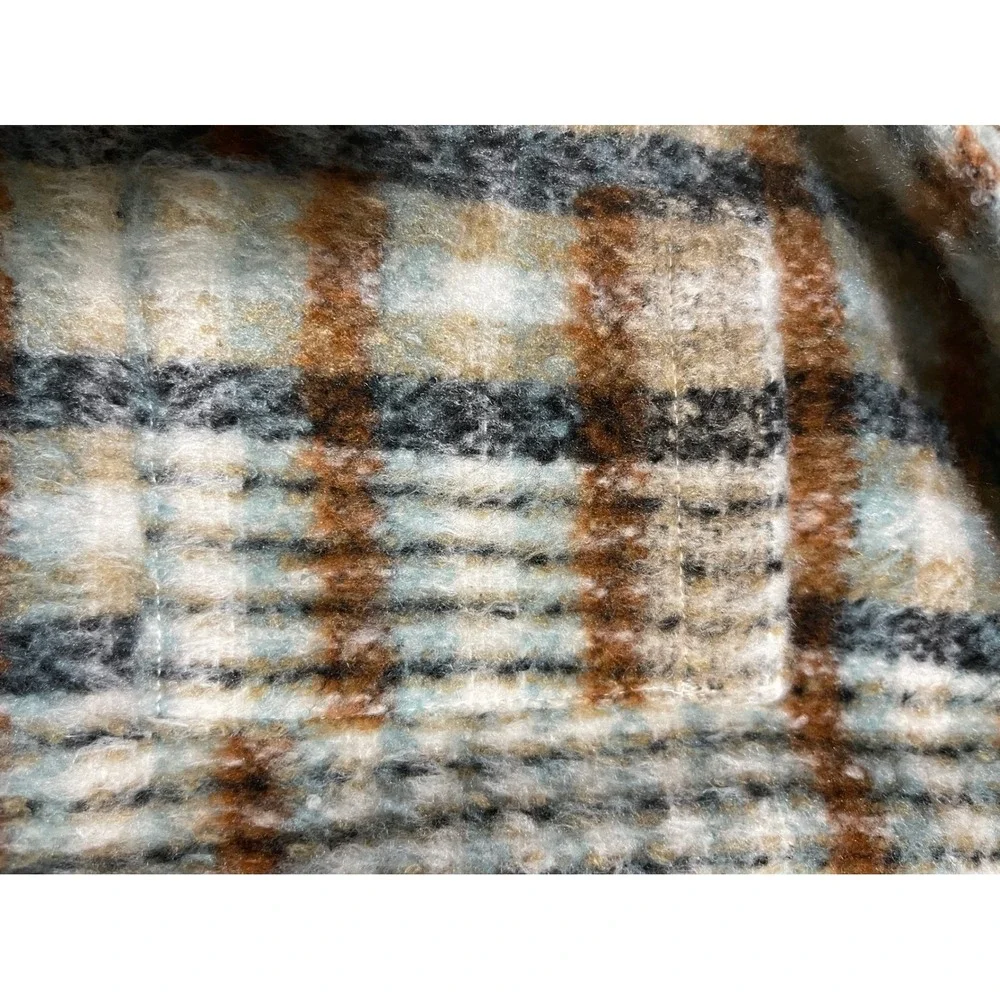 NovaMen Fashion Nova Plaid Fuzzy Shacket Mens Medium Brown Tan Blue Check Jacket